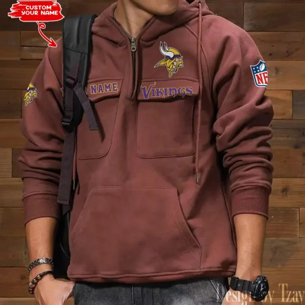 Minnesota Vikings Style Men's Hooded Multi-Pocket Vintage AZVMHD690 - Image 3
