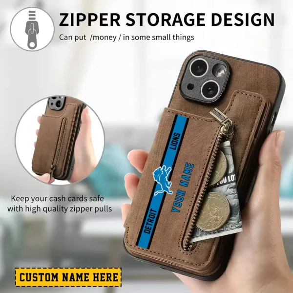 Detroit Lions Leather Magnetic Card Solt Wallet Pocket With Holder Zipper Case ANZZCSWLC077 - Image 2